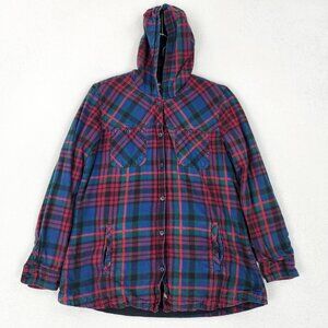 Eddie Bauer Jacket Womens Large Blue Plaid Flannel Hooded Button Lined Pockets
